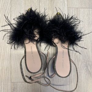 Loeffler randall black feather metallic block heel